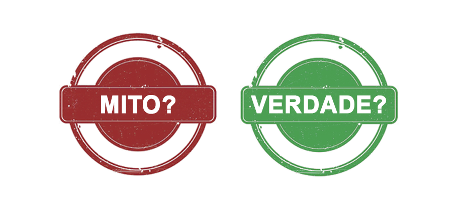 Um círculo vermelho com a palavra Mito em forma de interrogação e outro círculo verde com a palavra Verdade? sobre transcrição